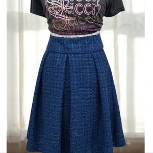 Coldwater Creek Blue Tweed Plaid Shimmer Pleated Skirt Sz 10